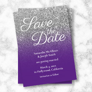 Royal Purple Silver Ombre Glitter Save the Date Invitation