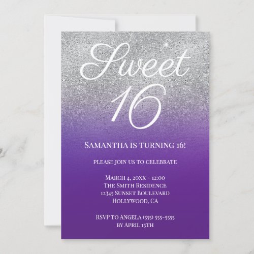 Royal Purple Silver Ombre Glitter Sweet 16 Invitation