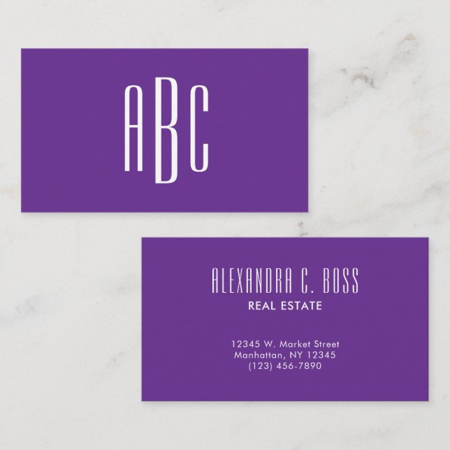 Royal Purple Simple Three Letter Monogram Business Card (Front/Back)