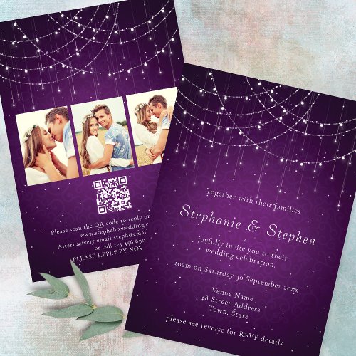 Royal Purple String Lights 3 Photo QR Code Wedding Invitation