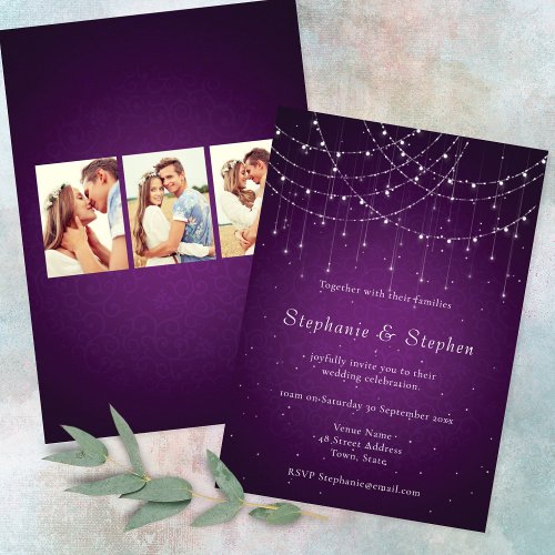 Royal Purple String Lights 3 Photos Wedding Invitation