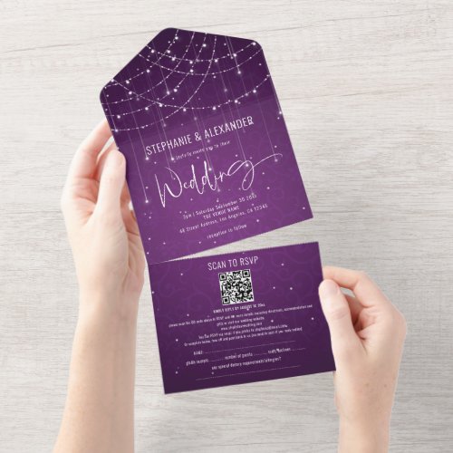 Royal Purple String Lights Guest Details Wedding All In One Invitation