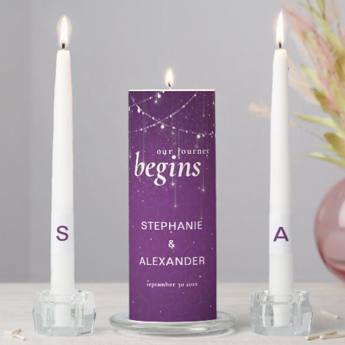 Royal Purple String Lights Names Date Monogram Unity Candle Set