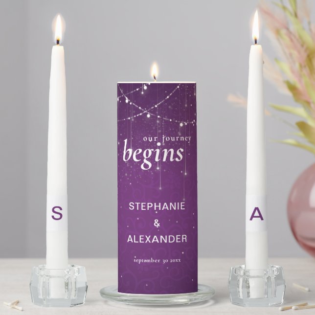 Royal Purple String Lights Names Date Monogram Unity Candle Set (In Situ)