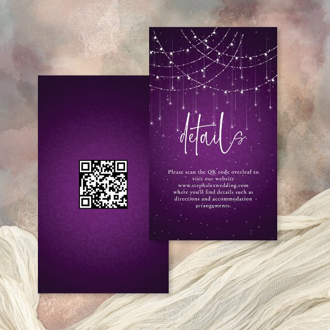 Royal Purple String Lights Wedding Enclosure Card (Front and back view)