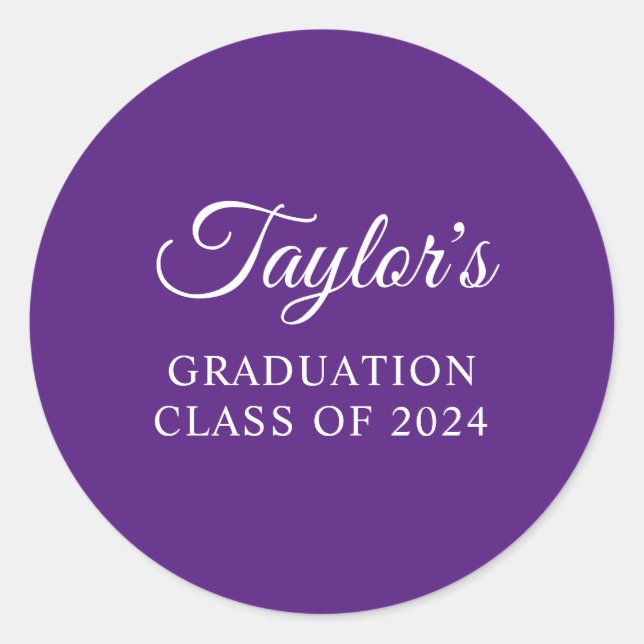 Royal Purple Stylish Script Graduation Classic Round Sticker (Front)