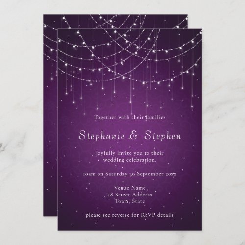 Royal Purple Swirl  String Lights QR Code Wedding Invitation