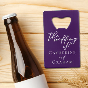 Royal Purple Typography Personalized Wedding Credit Card Bottle Opener