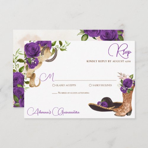 Royal Purple Violet Charro Western Quinceanera RSVP Card