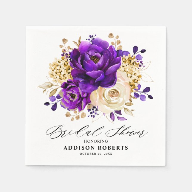 Royal Purple Violet Gold Botanical Bridal Shower Napkins (Front)