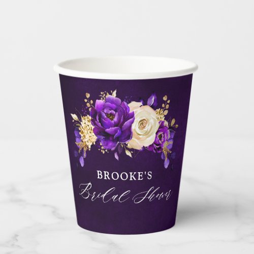 Royal Purple Violet Gold Botanical Bridal Shower P Paper Cups