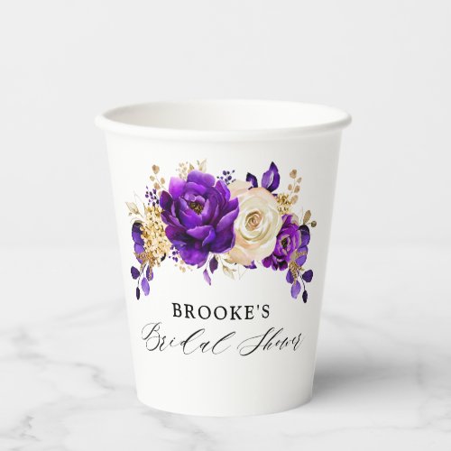 Royal Purple Violet Gold Botanical Bridal Shower Paper Cups