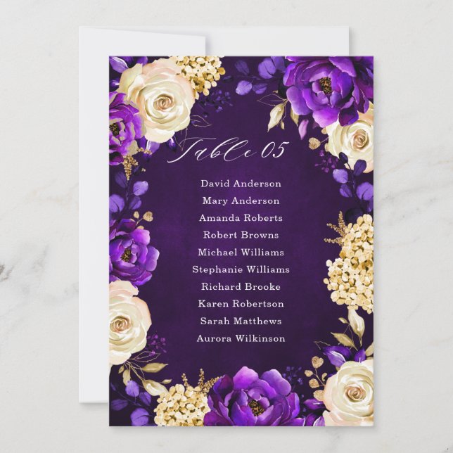 Royal Purple Violet Gold Botanical Seating Chart I Invitation (Front)