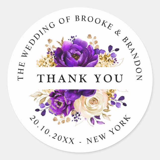 Royal Purple Violet Gold Botanical Thank you  Classic Round Sticker (Front)