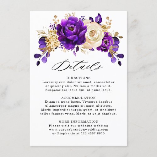 Royal Purple Violet Gold Botanical Wedding Details Enclosure Card