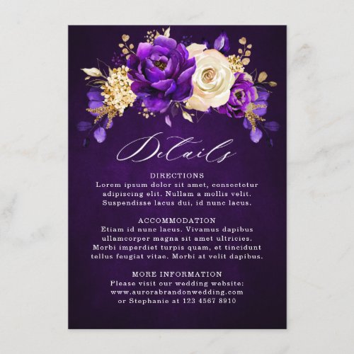 Royal Purple Violet Gold Botanical Wedding Details Enclosure Card
