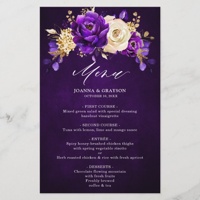 Royal Purple Violet Gold  Botanical Wedding Menu (Front)