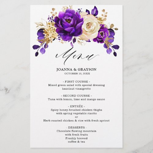 Royal Purple Violet Gold  Botanical Wedding Menu