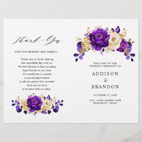 Royal Purple Violet Gold Botanical Wedding Program