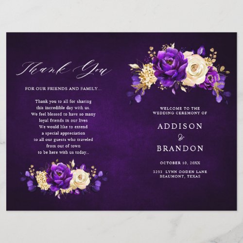Royal Purple Violet Gold Botanical Wedding Program