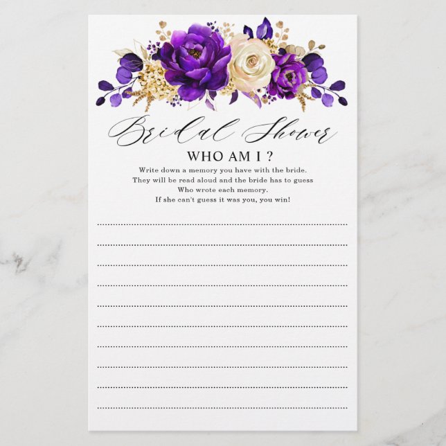 Royal Purple Violet Gold Bridal Shower Game      (Front)