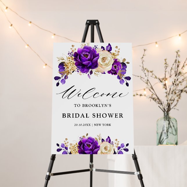 Royal Purple Violet Gold Bridal Shower Welcome Foam Board (In Situ (Stand))