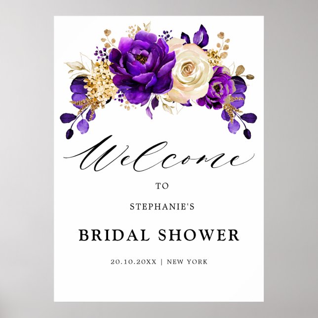  Royal Purple Violet Gold Bridal Shower Welcome Poster (Front)
