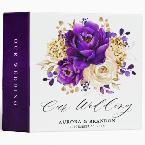 Royal Purple Violet Gold Floral Botanical Wedding 3 Ring Binder