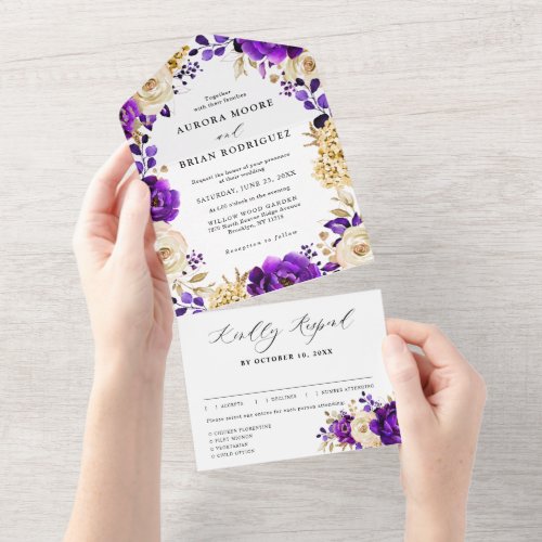 Royal Purple Violet Gold Floral Botanical Wedding All In One Invitation