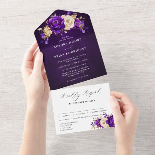 Royal Purple Violet Gold Floral Botanical Wedding  All In One Invitation
