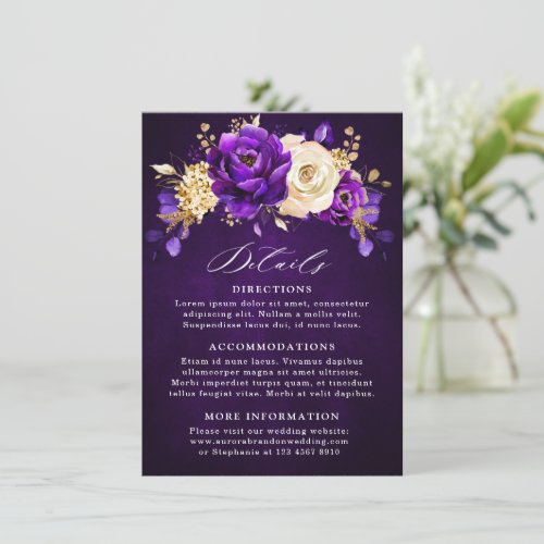 Royal Purple Violet Gold Floral Botanical Wedding  Enclosure Card