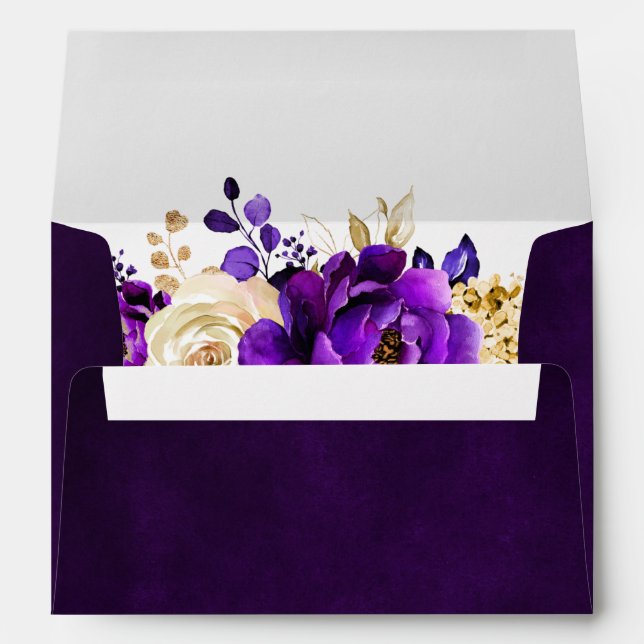 Royal Purple Violet Gold Floral Botanical Wedding  Envelope (Back (Bottom))
