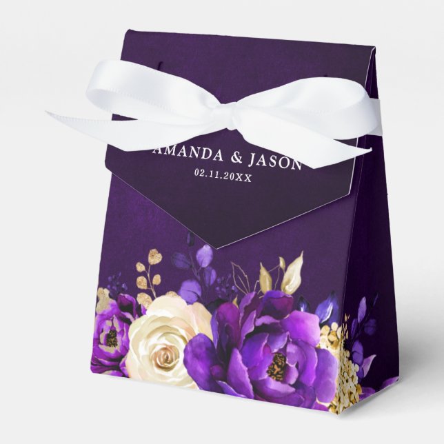 Royal Purple Violet Gold Floral Botanical Wedding  Favor Boxes (Front Side)