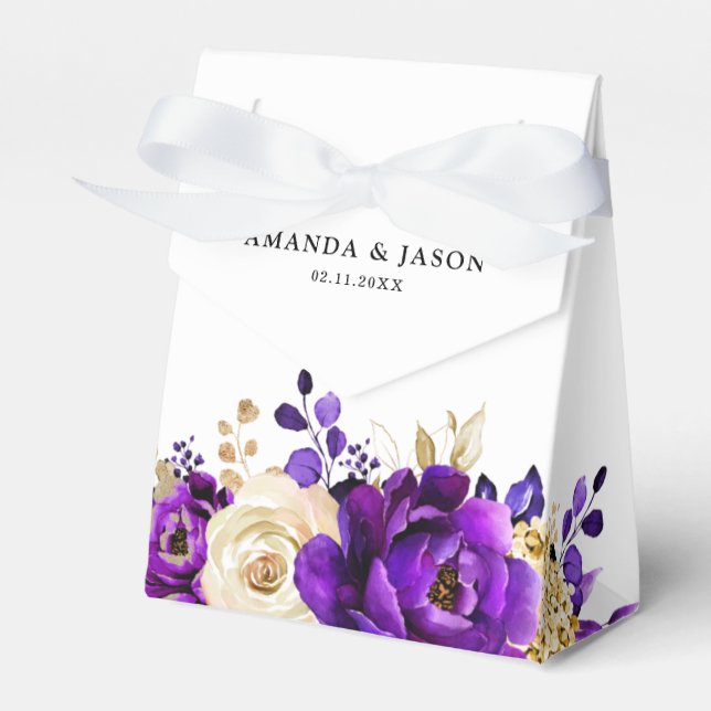 Royal Purple Violet Gold Floral Botanical Wedding Favor Boxes (Front Side)