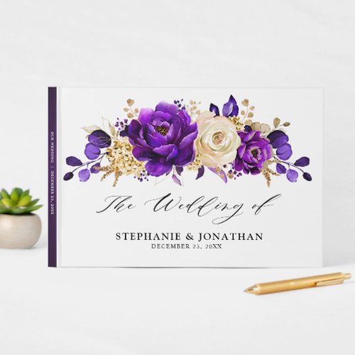 Royal Purple Violet Gold Floral Botanical Wedding Guest Book
