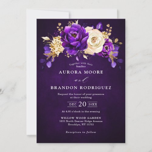 Royal Purple Violet Gold Floral Botanical Wedding  Invitation