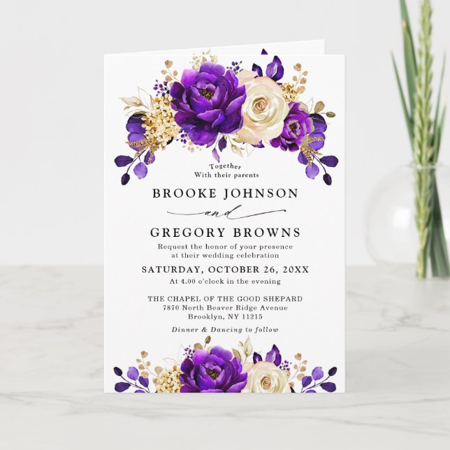 Royal Purple Violet Gold Floral Botanical Wedding Invitation (Front)
