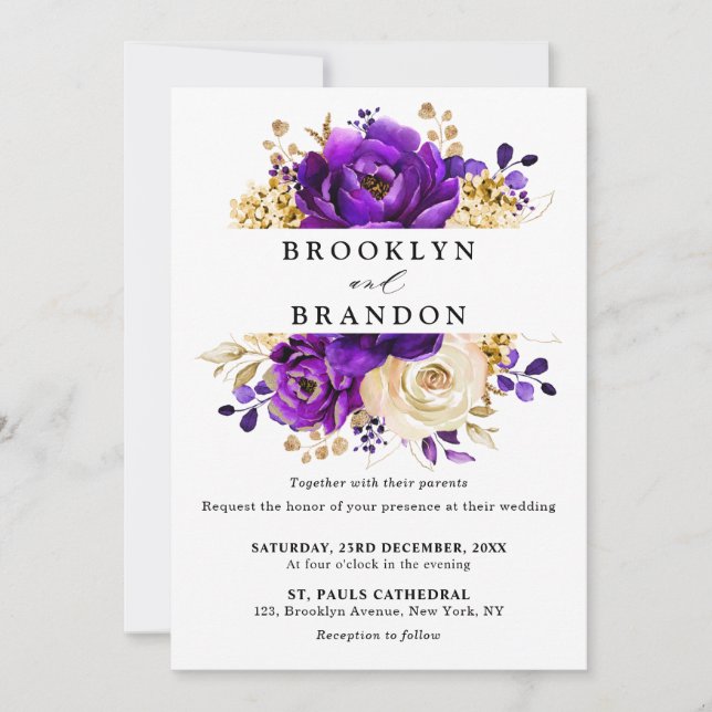 Royal Purple Violet Gold Floral Botanical Wedding Invitation (Front)