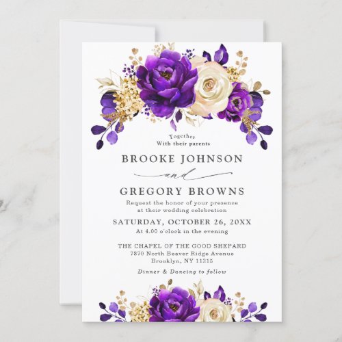 Royal Purple Violet Gold Floral Botanical Wedding Invitation