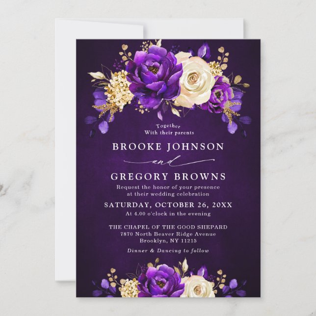 Royal Purple Violet Gold Floral Botanical Wedding  Invitation (Front)
