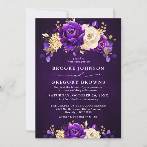 Royal Purple Violet Gold Floral Botanical Wedding  Invitation