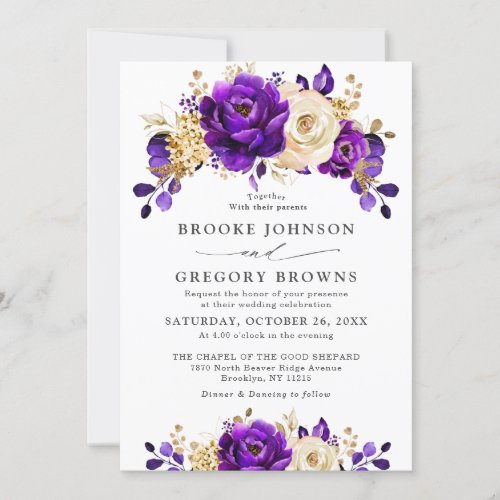  Royal Purple Violet Gold Floral Botanical Wedding Invitation