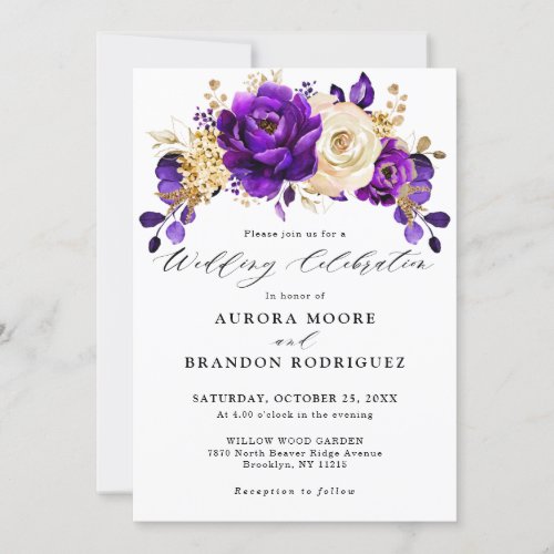 Royal Purple Violet Gold Floral Botanical Wedding Invitation