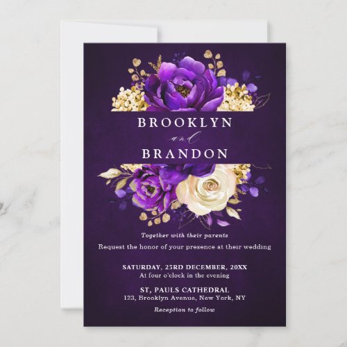 Royal Purple Violet Gold Floral Botanical Wedding Invitation