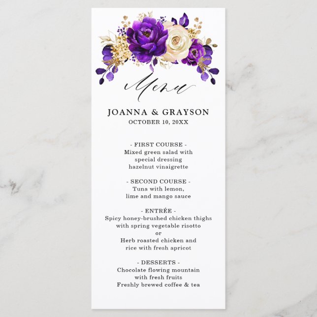 Royal Purple Violet Gold Floral Botanical Wedding Menu (Front)