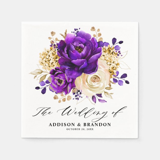 Royal Purple Violet Gold Floral Botanical Wedding Napkins (Front)