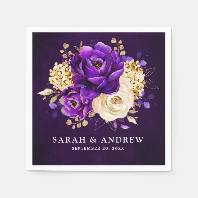 Royal Purple Violet Gold Floral Botanical Wedding  Napkins (Front)