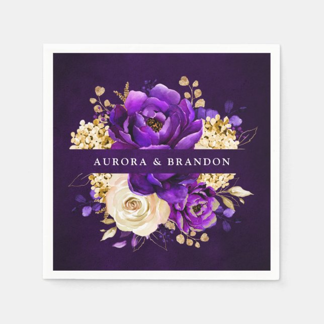 Royal Purple Violet Gold Floral Botanical Wedding  Napkins (Front)