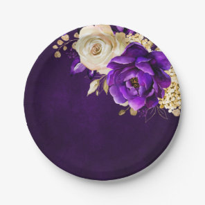 Royal Purple Violet Gold Floral Botanical Wedding  Paper Plates
