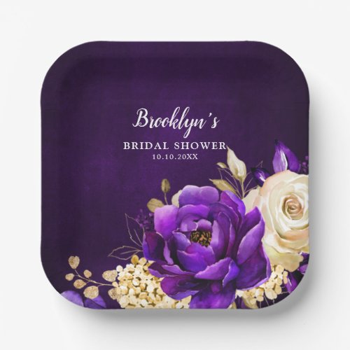 Royal Purple Violet Gold Floral Botanical Wedding  Paper Plates